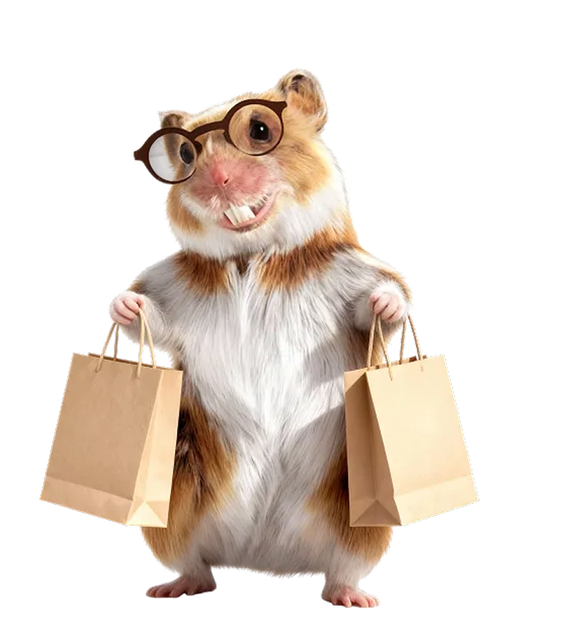 Hamster Maskottchen mit Einkaufstüten